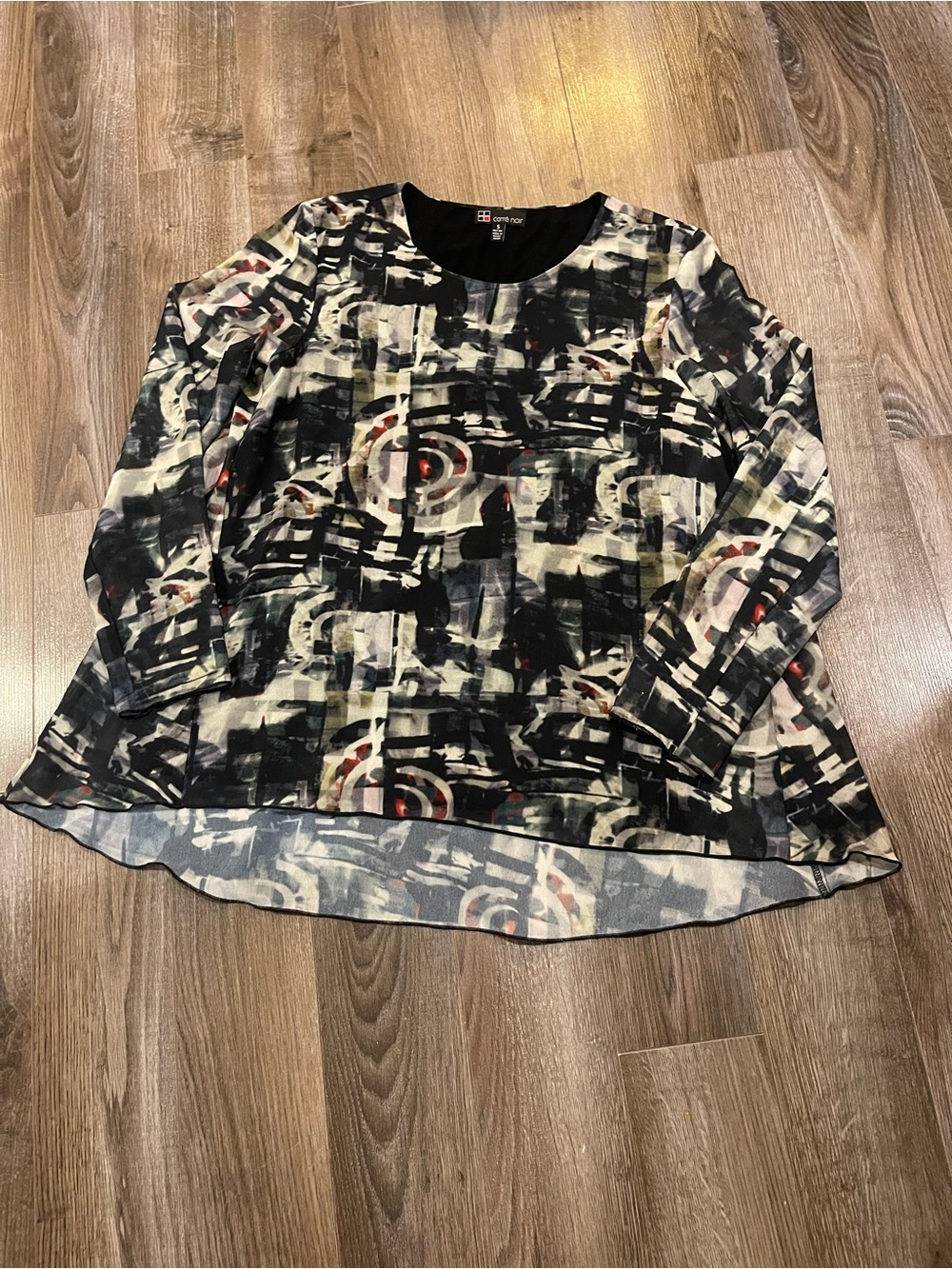 Carré Noir S Abstract Print Sheer Overlay High Low Tunic Top
